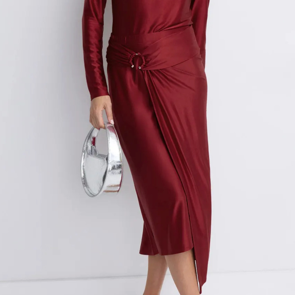 Paco Rabane Burgundy Pencil Midi Skirt SIZE 2 Cocktail Ruched Designer $800